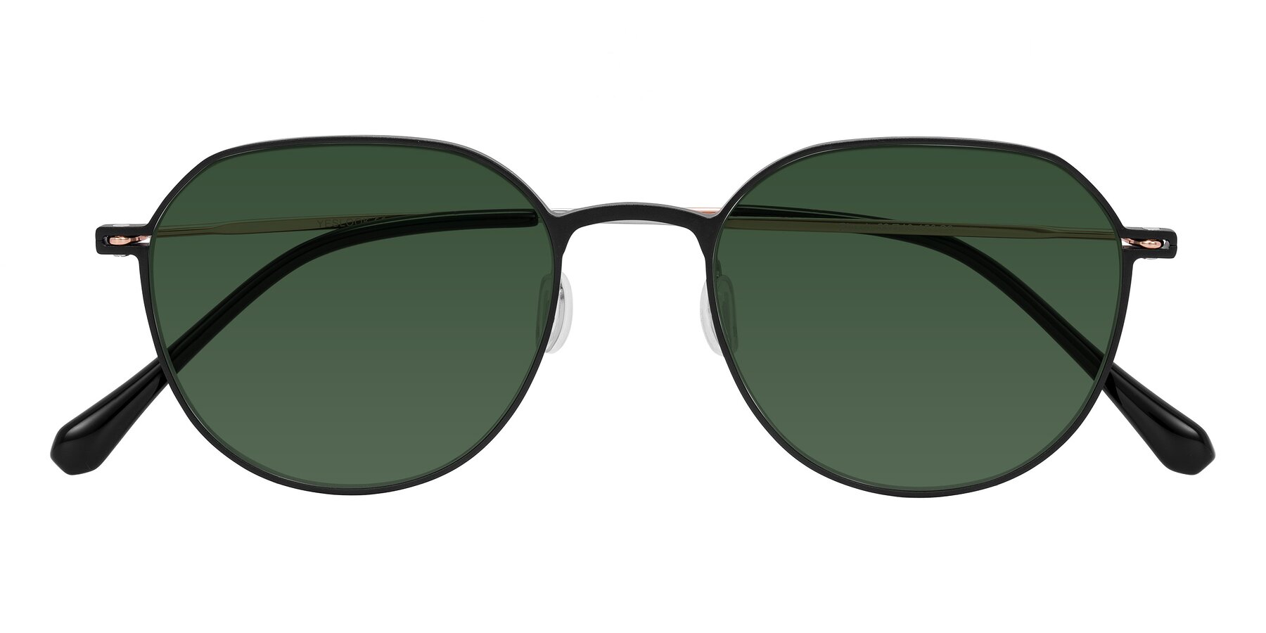 Folded Front of Pineda in Black/Rose Gold with Green Tinted Lenses