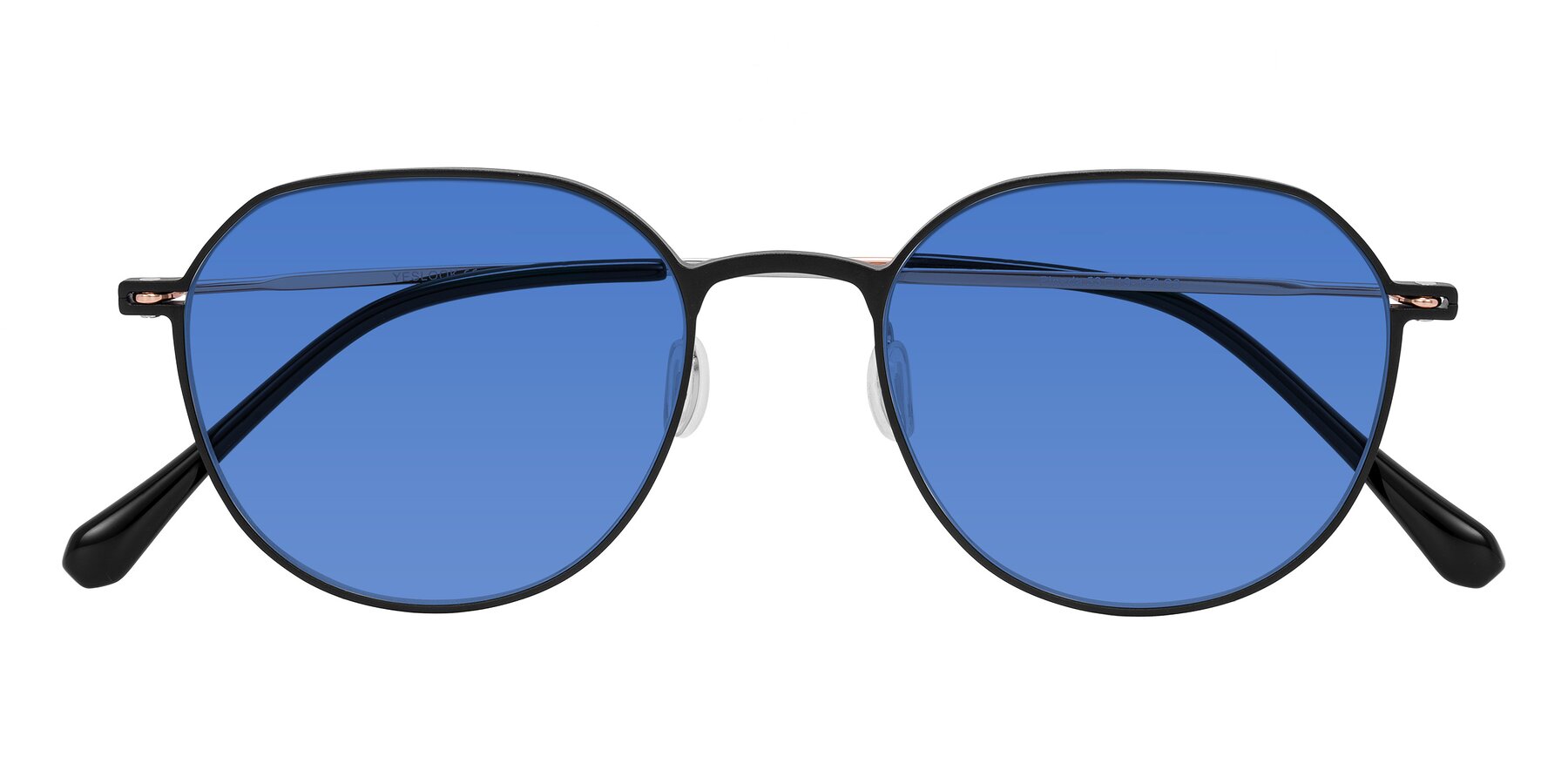 Folded Front of Pineda in Black/Rose Gold with Blue Tinted Lenses