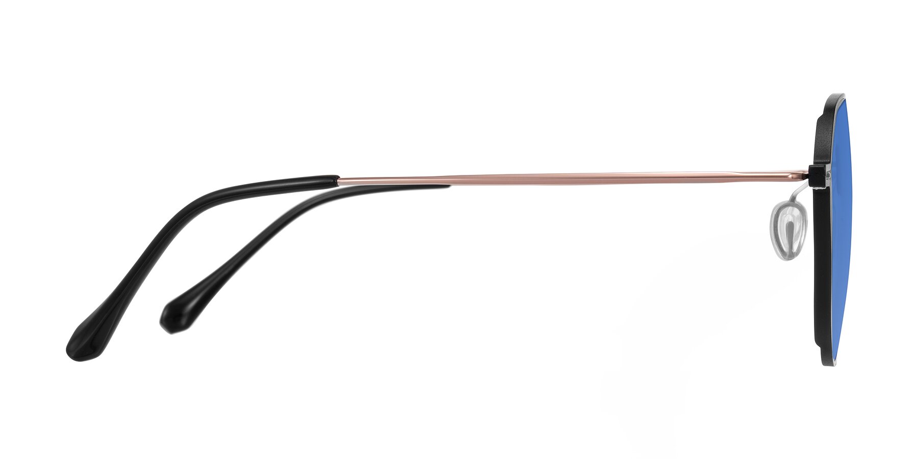 Side of Pineda in Black/Rose Gold with Blue Tinted Lenses