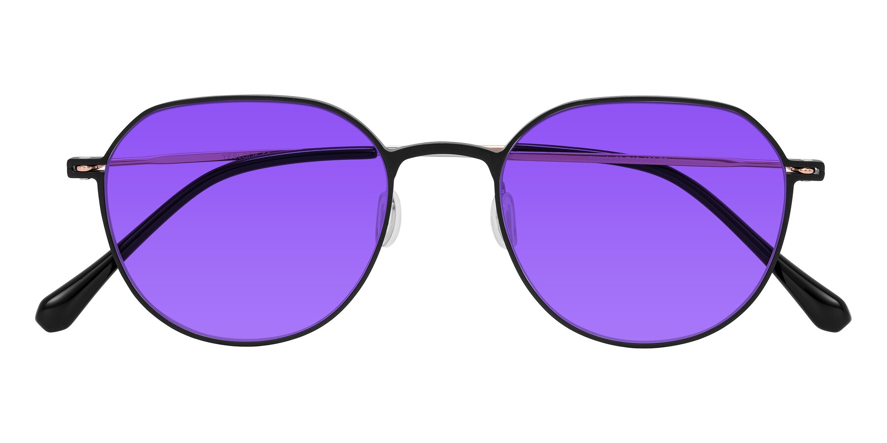 Folded Front of Pineda in Black/Rose Gold with Purple Tinted Lenses