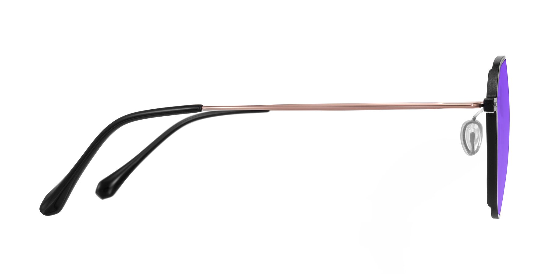 Side of Pineda in Black/Rose Gold with Purple Tinted Lenses