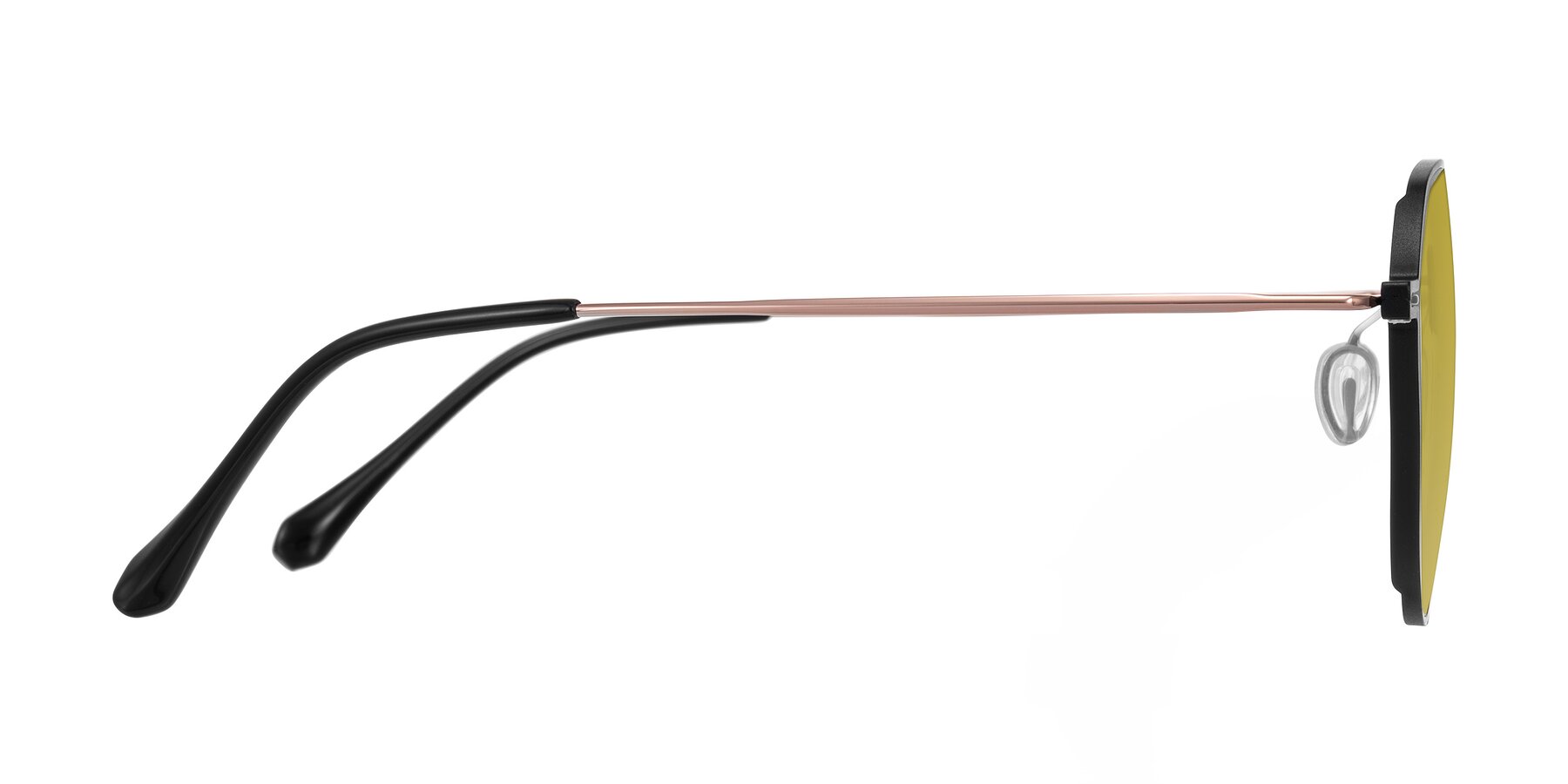 Side of Pineda in Black/Rose Gold with Champagne Tinted Lenses