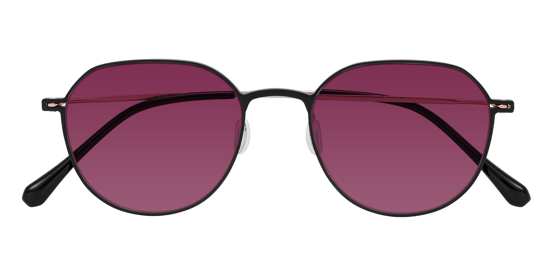 Folded Front of Pineda in Black/Rose Gold with Wine Tinted Lenses