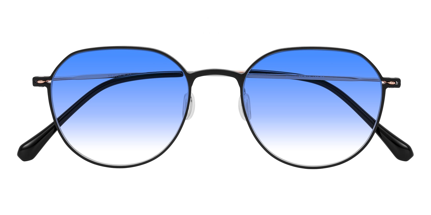 Folded Front of Pineda in Black/Rose Gold with Blue Gradient Lenses