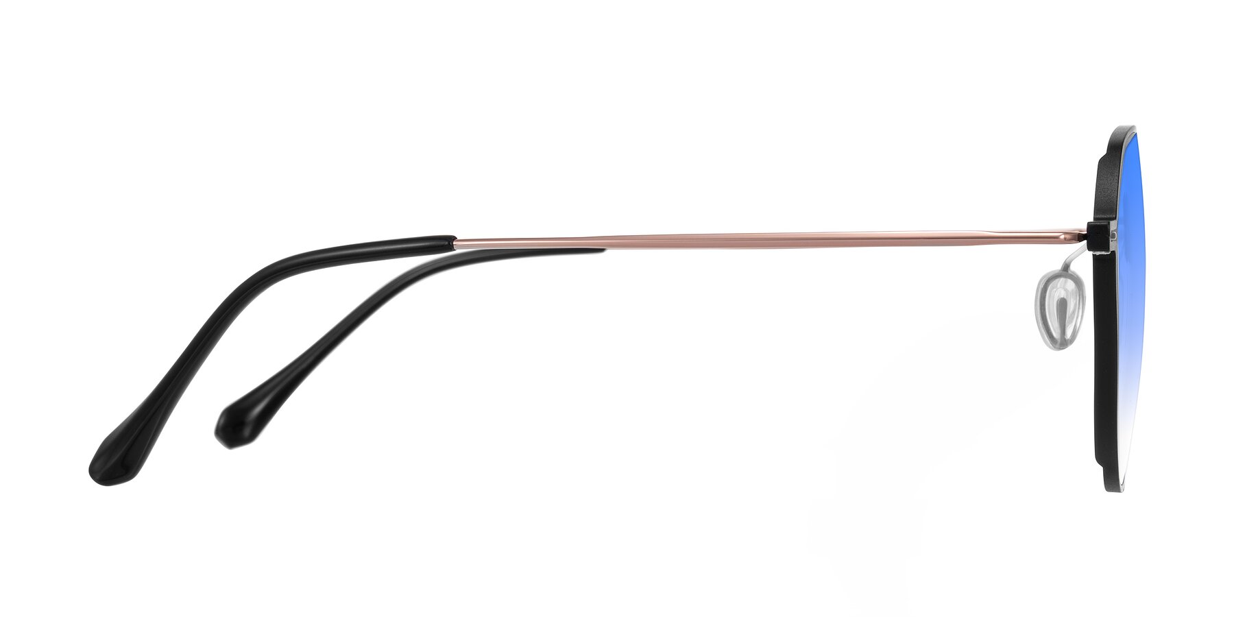 Side of Pineda in Black/Rose Gold with Blue Gradient Lenses
