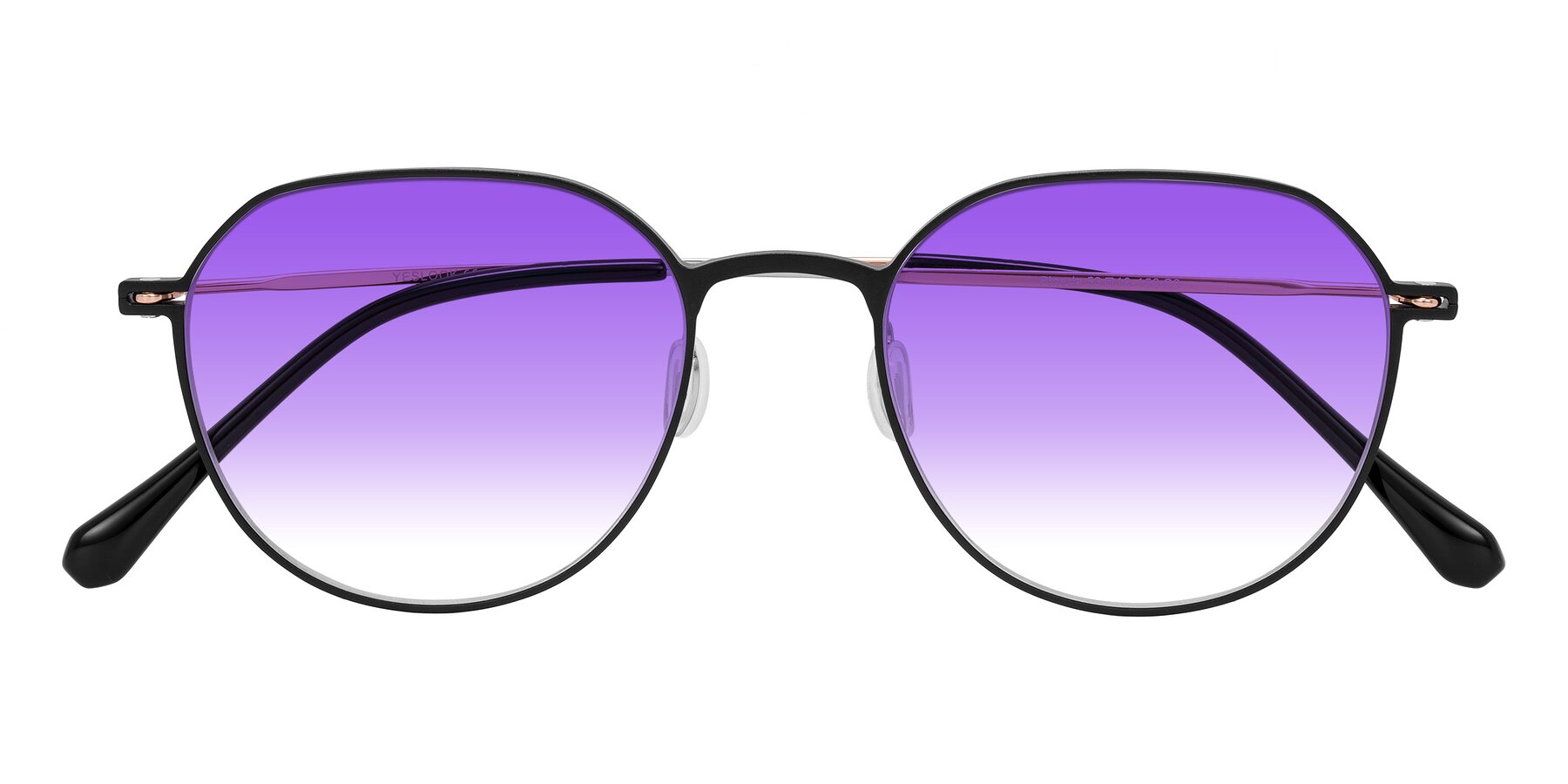 Folded Front of Pineda in Black/Rose Gold with Purple Gradient Lenses