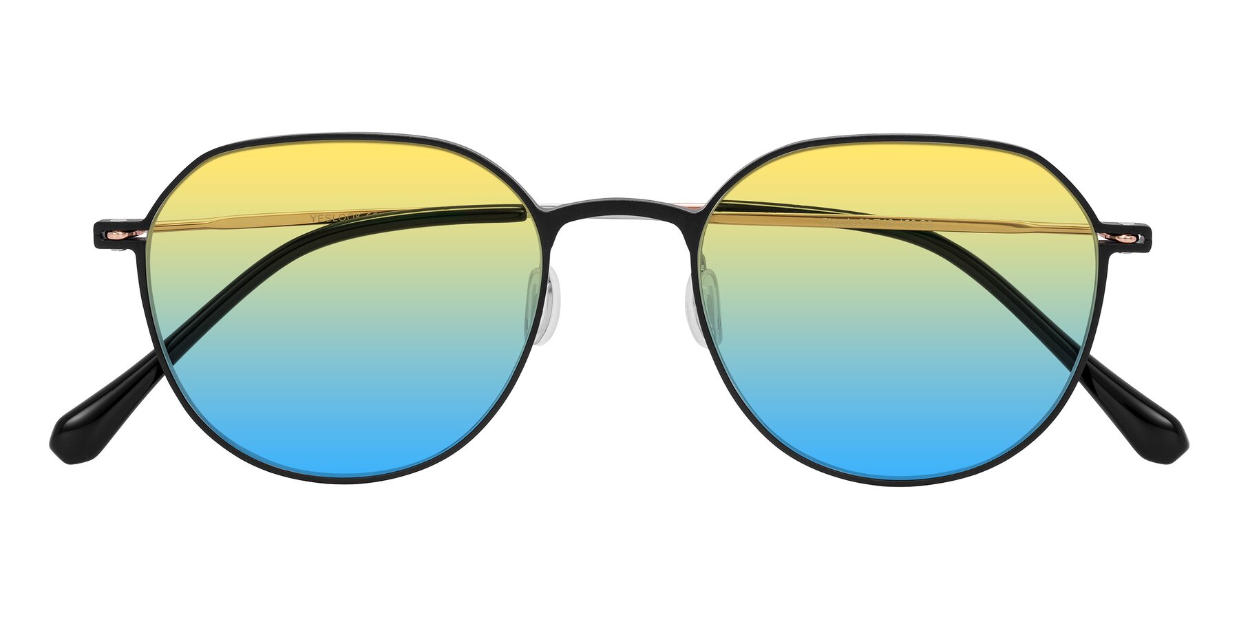 Folded Front of Pineda in Black/Rose Gold with Yellow / Blue Gradient Lenses