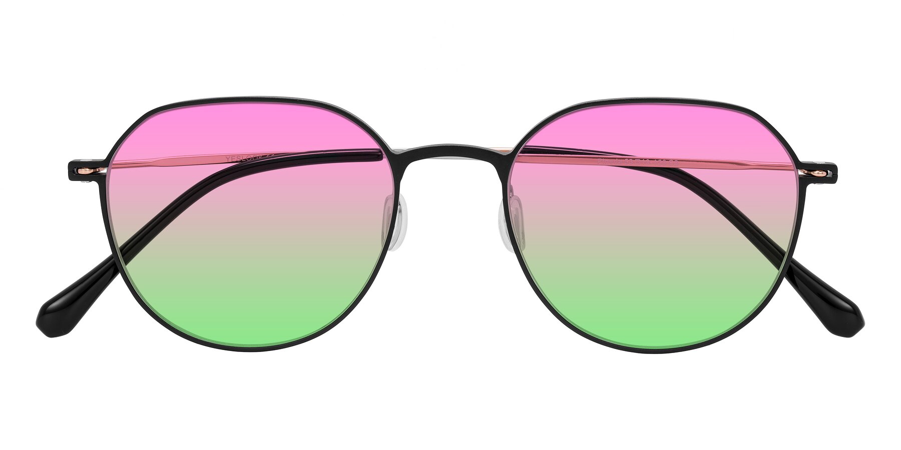 Folded Front of Pineda in Black/Rose Gold with Pink / Green Gradient Lenses