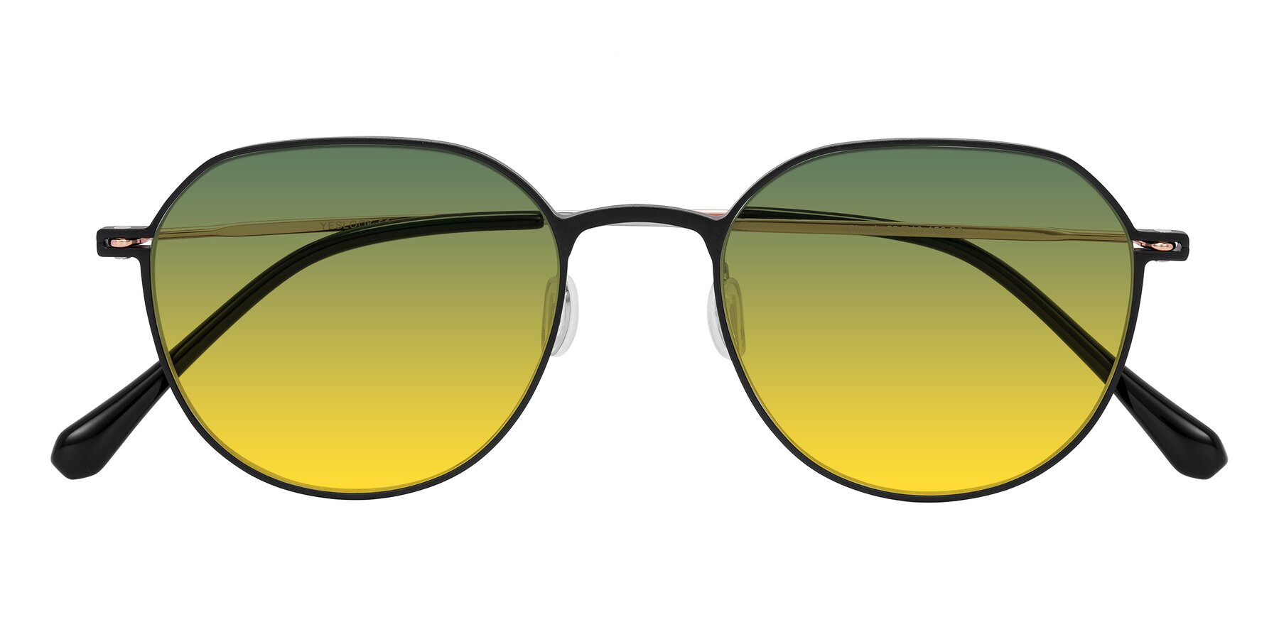 Folded Front of Pineda in Black/Rose Gold with Green / Yellow Gradient Lenses