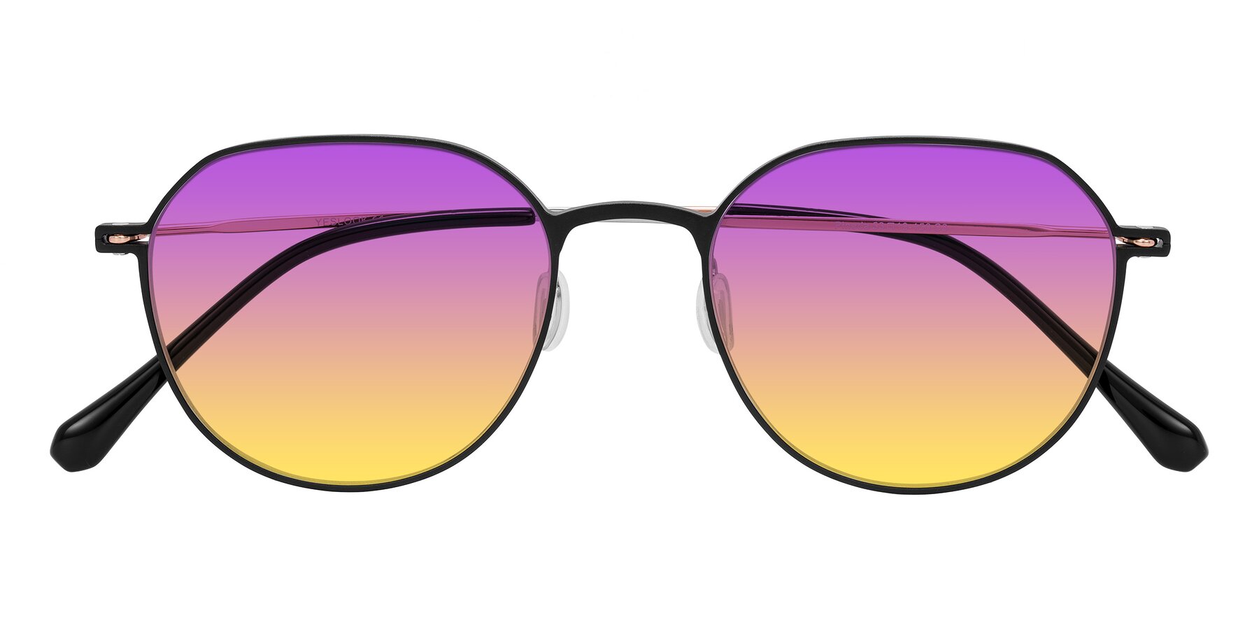 Folded Front of Pineda in Black/Rose Gold with Purple / Yellow Gradient Lenses