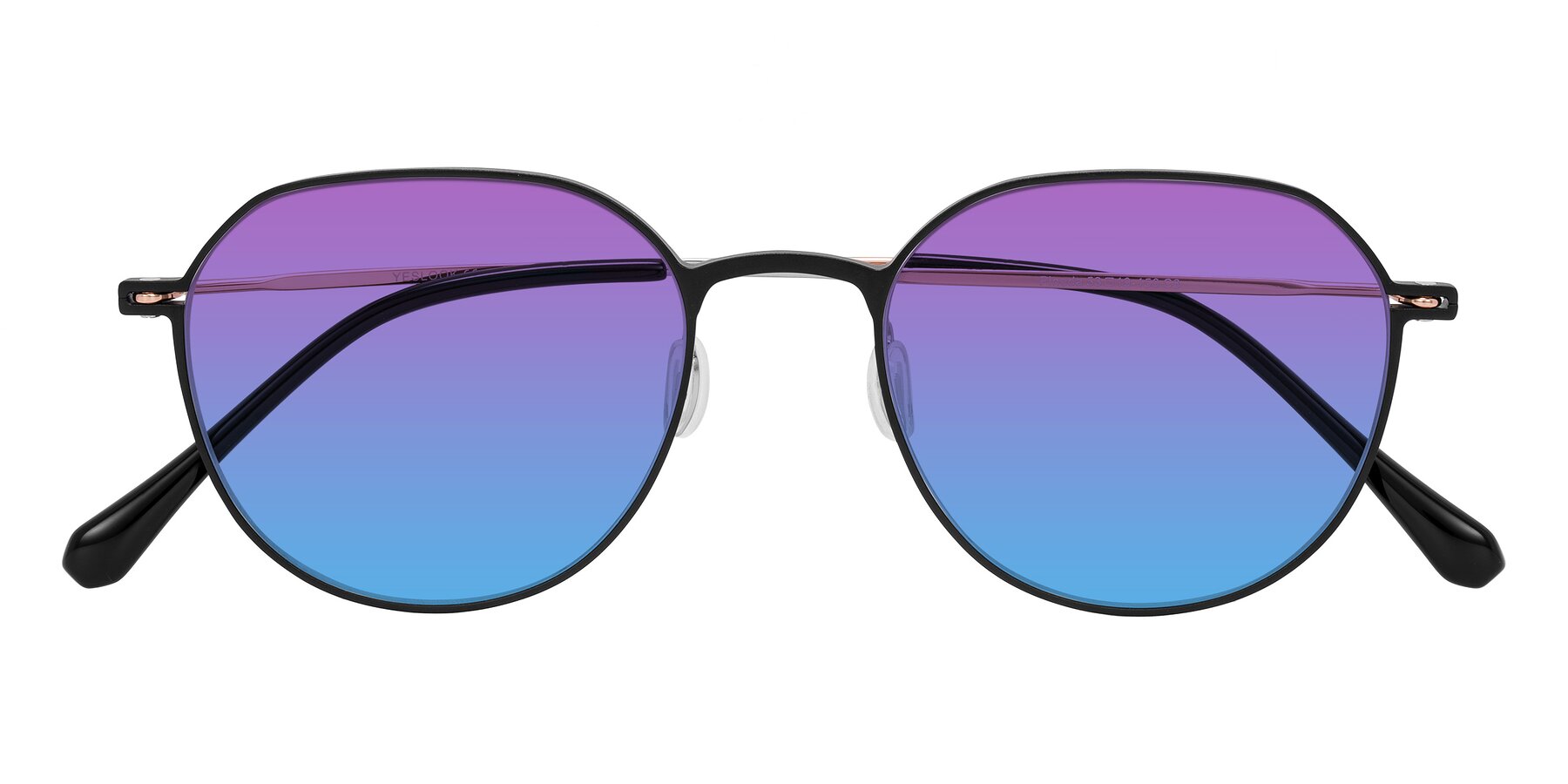 Folded Front of Pineda in Black/Rose Gold with Purple / Blue Gradient Lenses