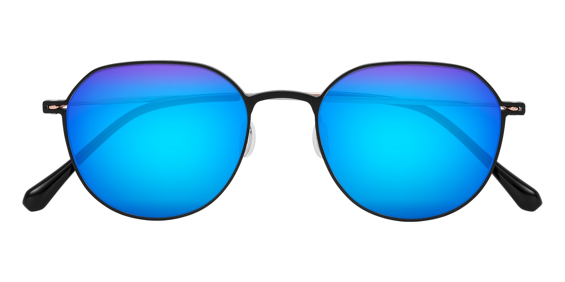 Folded Front of Pineda in Black/Rose Gold with Blue Mirrored Lenses