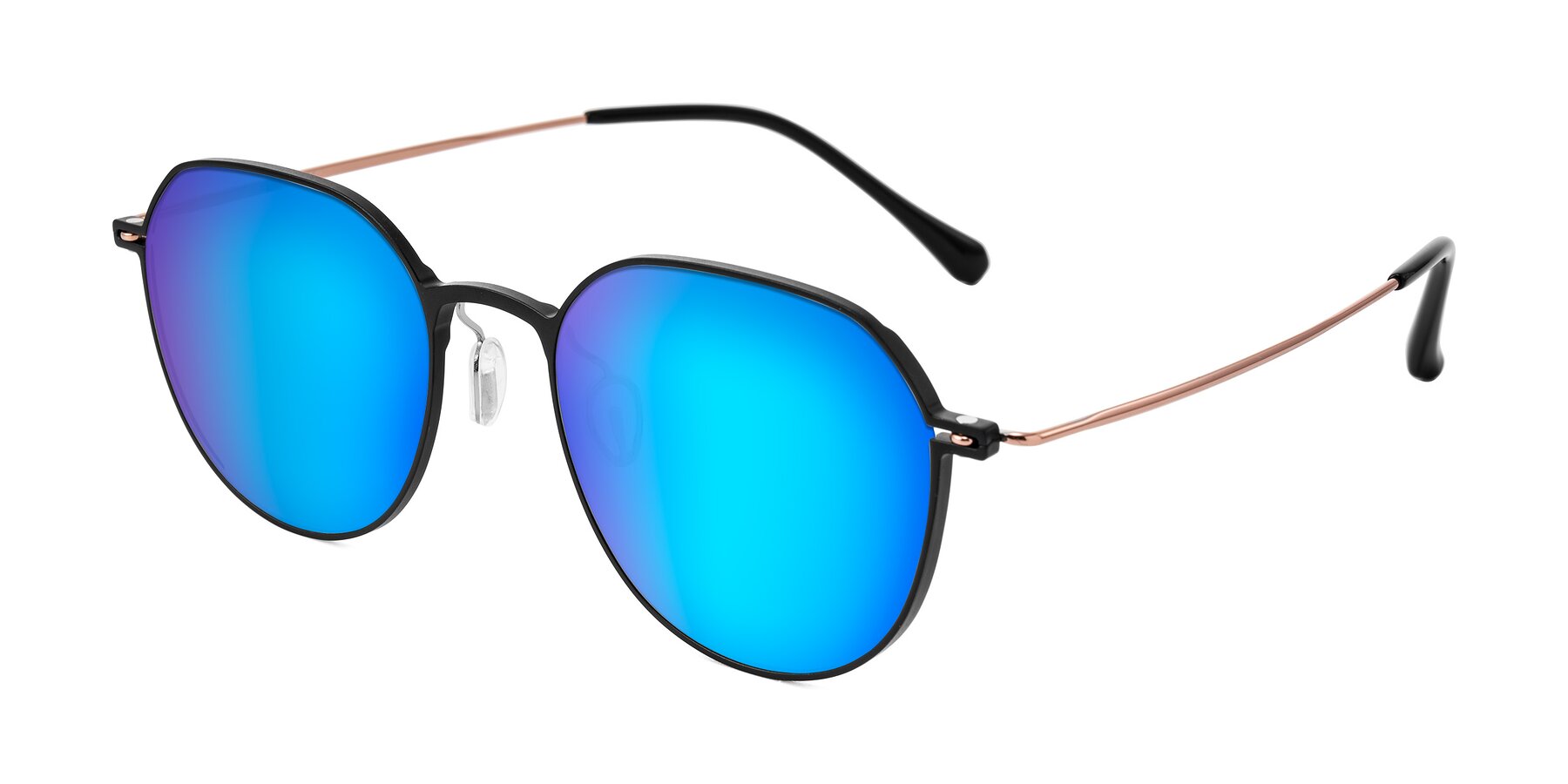 Angle of Pineda in Black/Rose Gold with Blue Mirrored Lenses