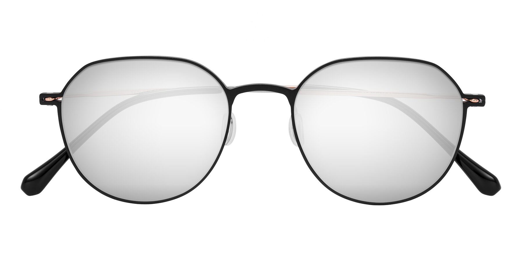 Folded Front of Pineda in Black/Rose Gold with Silver Mirrored Lenses