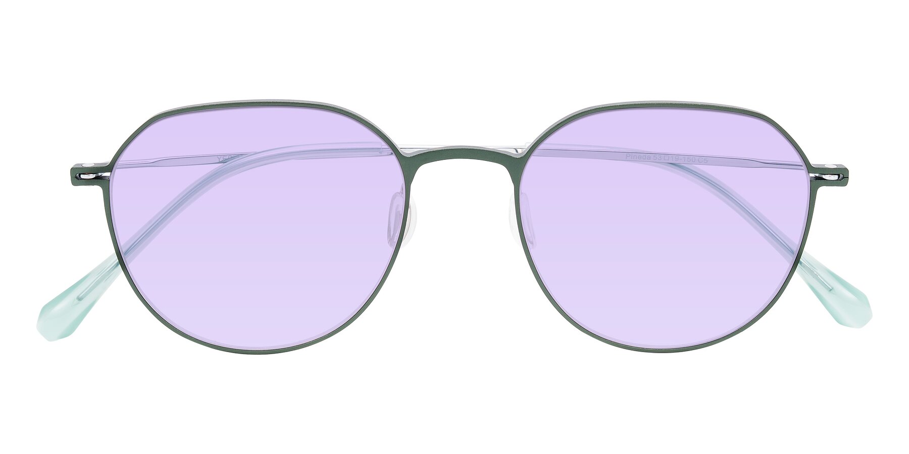 Folded Front of Pineda in Dark Green/Silver with Light Purple Tinted Lenses