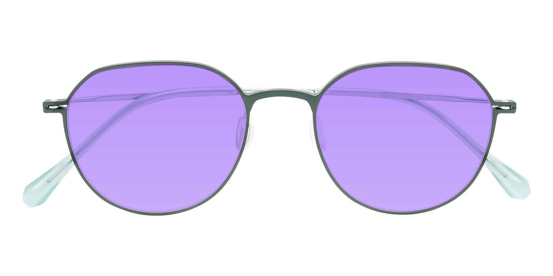 Folded Front of Pineda in Dark Green/Silver with Medium Purple Tinted Lenses