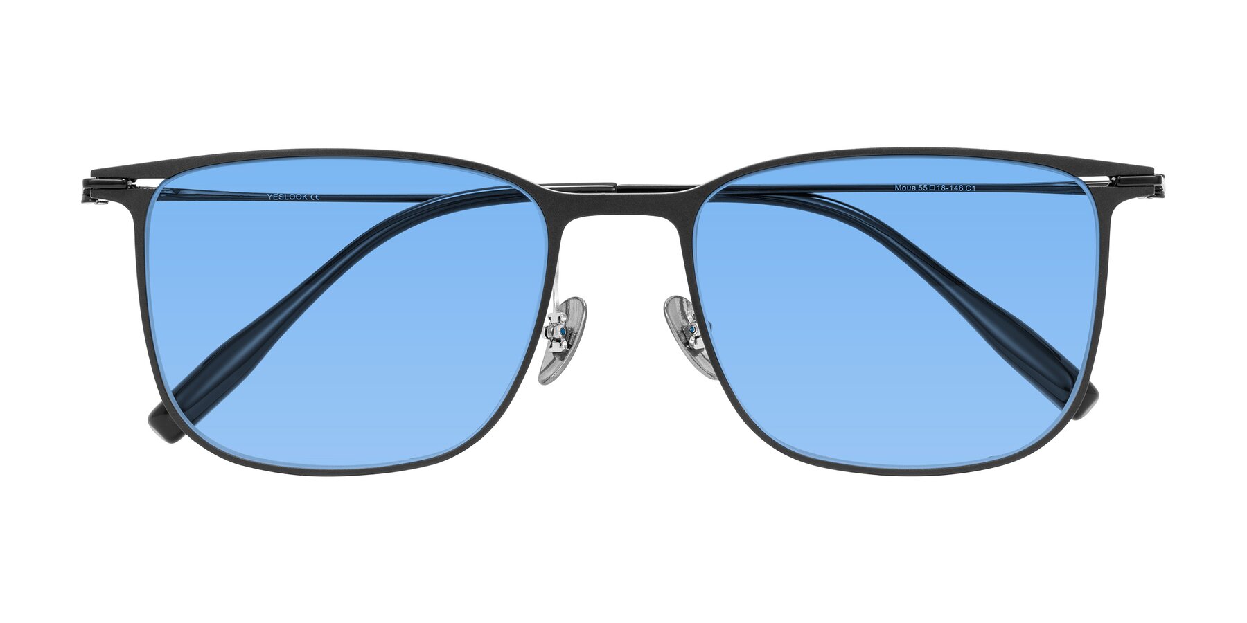 Folded Front of Moua in Black with Medium Blue Tinted Lenses