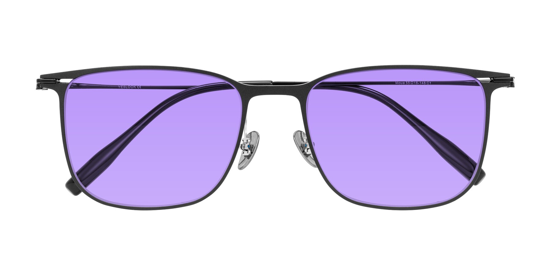 Folded Front of Moua in Black with Medium Purple Tinted Lenses