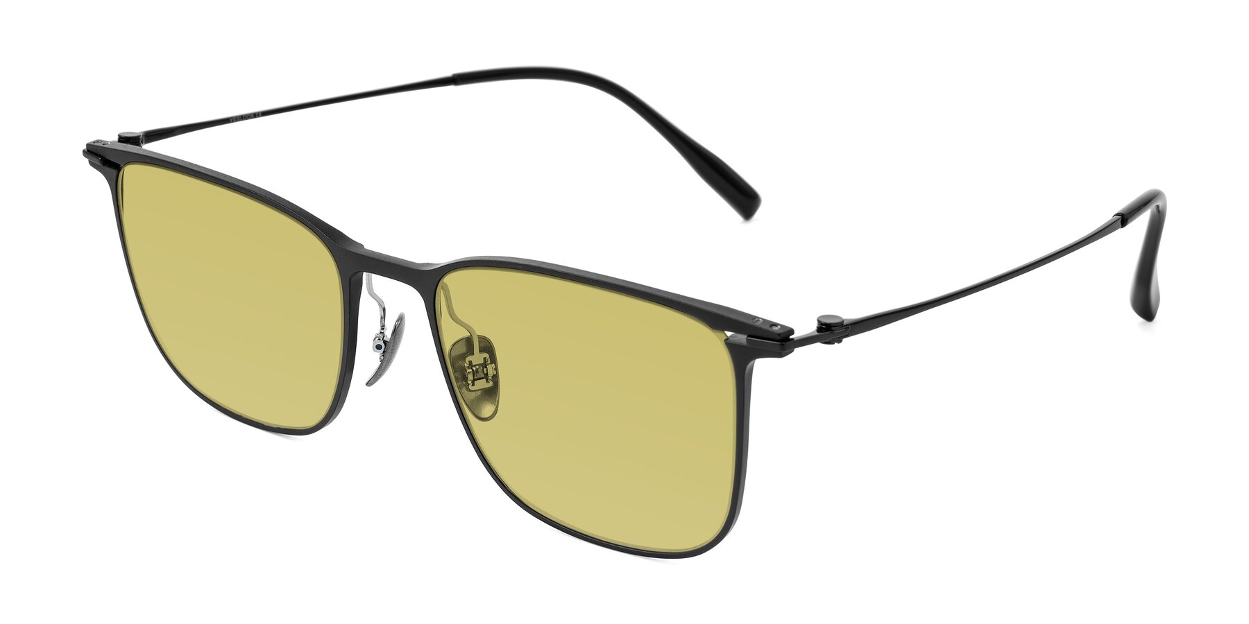 Angle of Moua in Black with Medium Champagne Tinted Lenses