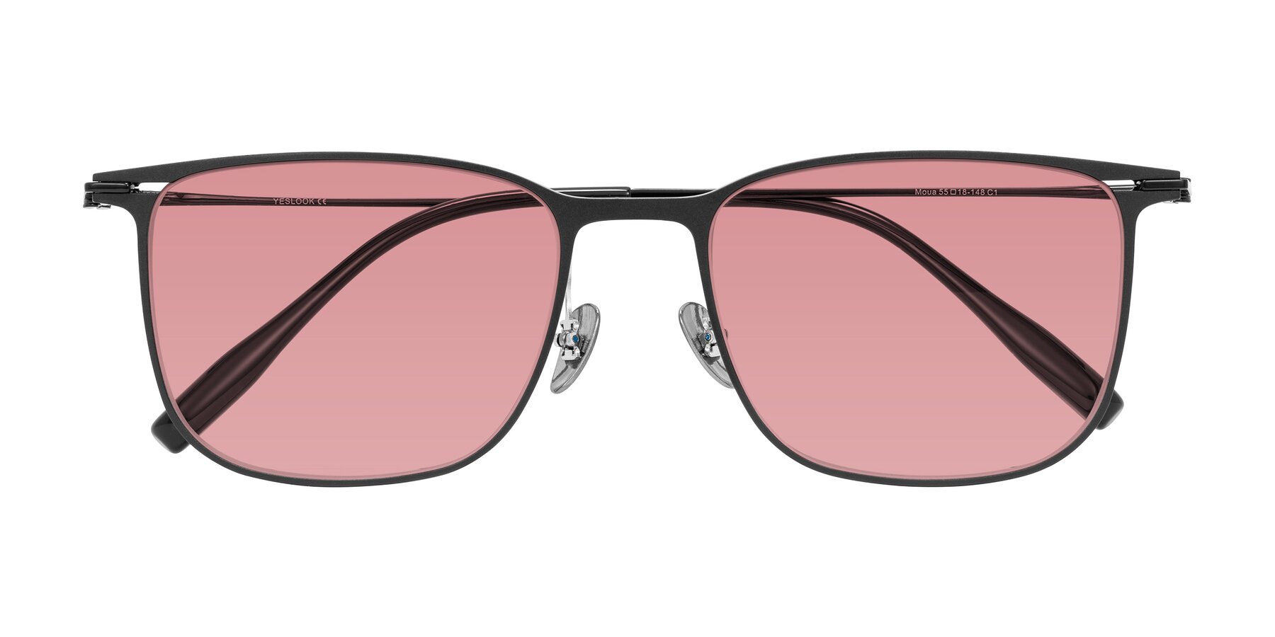 Folded Front of Moua in Black with Medium Garnet Tinted Lenses
