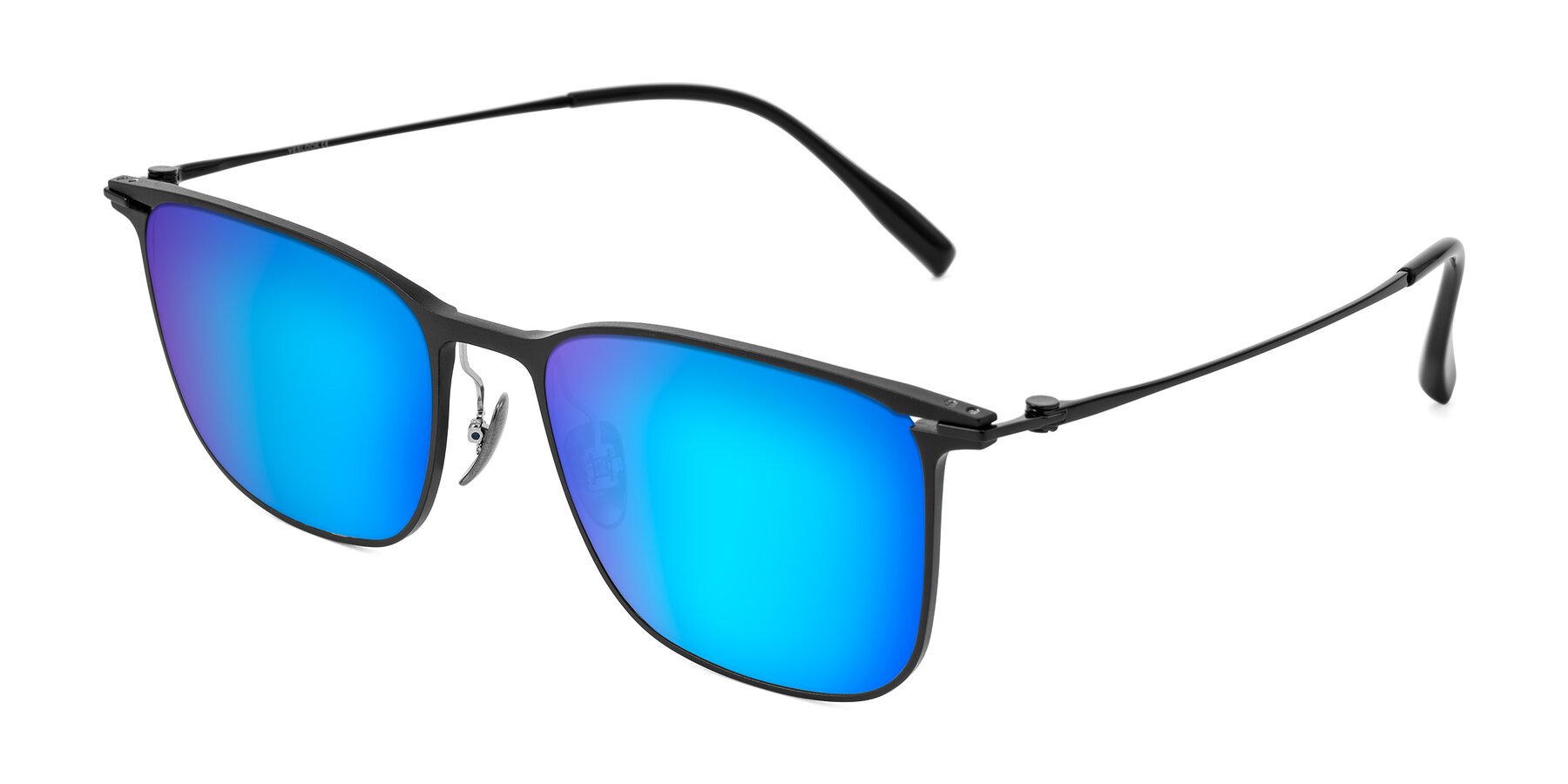 Angle of Moua in Black with Blue Mirrored Lenses