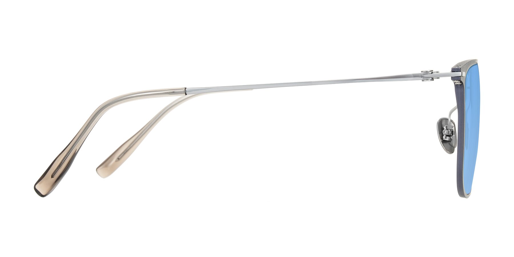 Side of Moua in Gray/Silver with Medium Blue Tinted Lenses