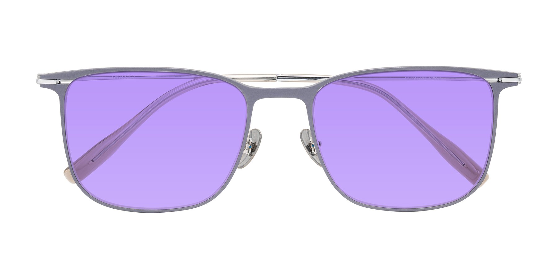 Folded Front of Moua in Gray/Silver with Medium Purple Tinted Lenses