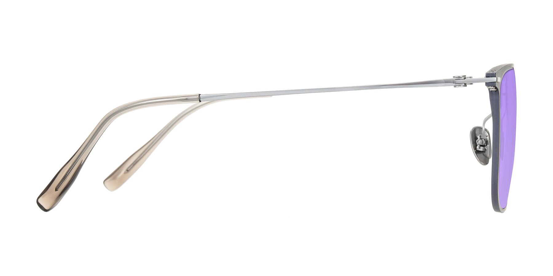 Side of Moua in Gray/Silver with Medium Purple Tinted Lenses