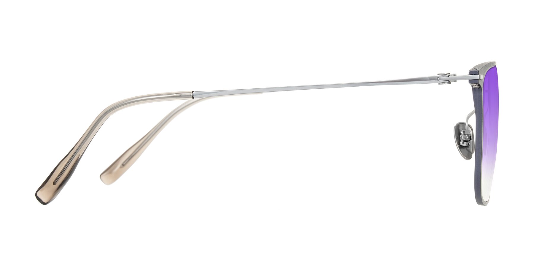 Side of Moua in Gray/Silver with Purple Gradient Lenses