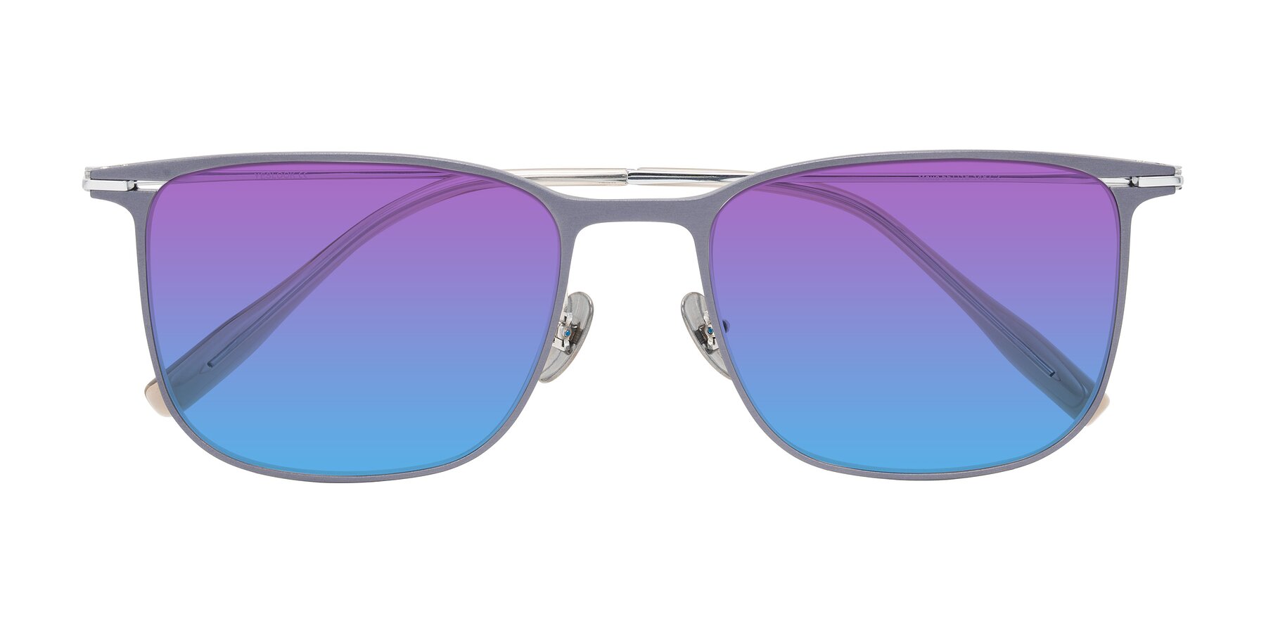 Folded Front of Moua in Gray/Silver with Purple / Blue Gradient Lenses