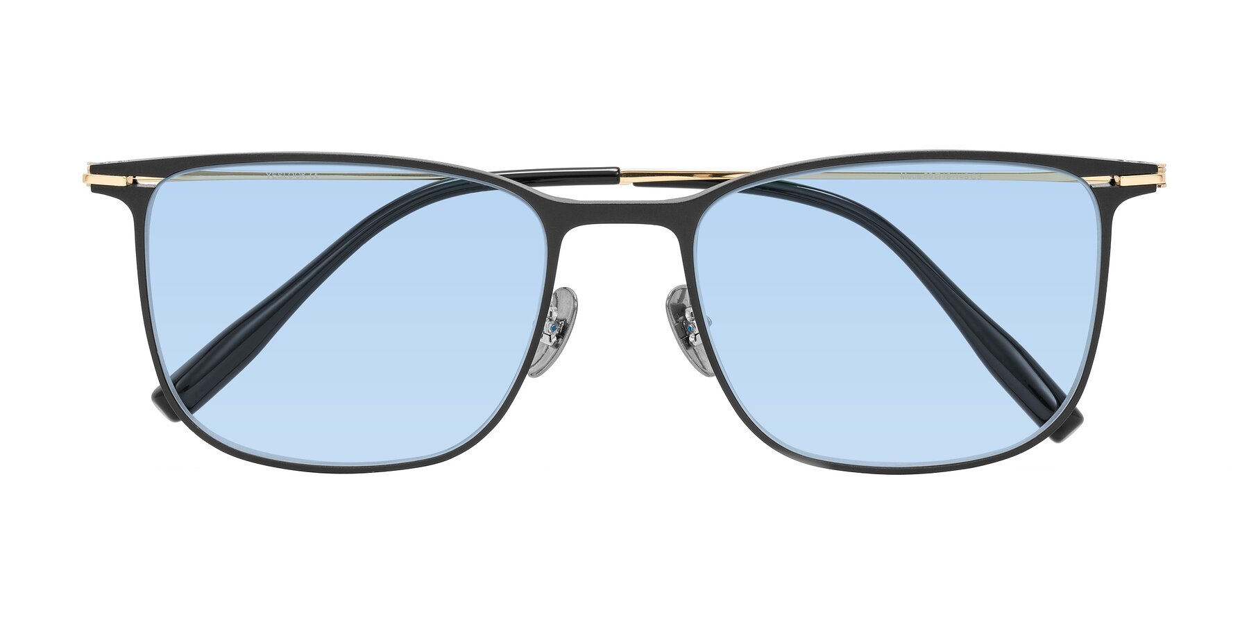 Folded Front of Moua in Black/Gold with Light Blue Tinted Lenses