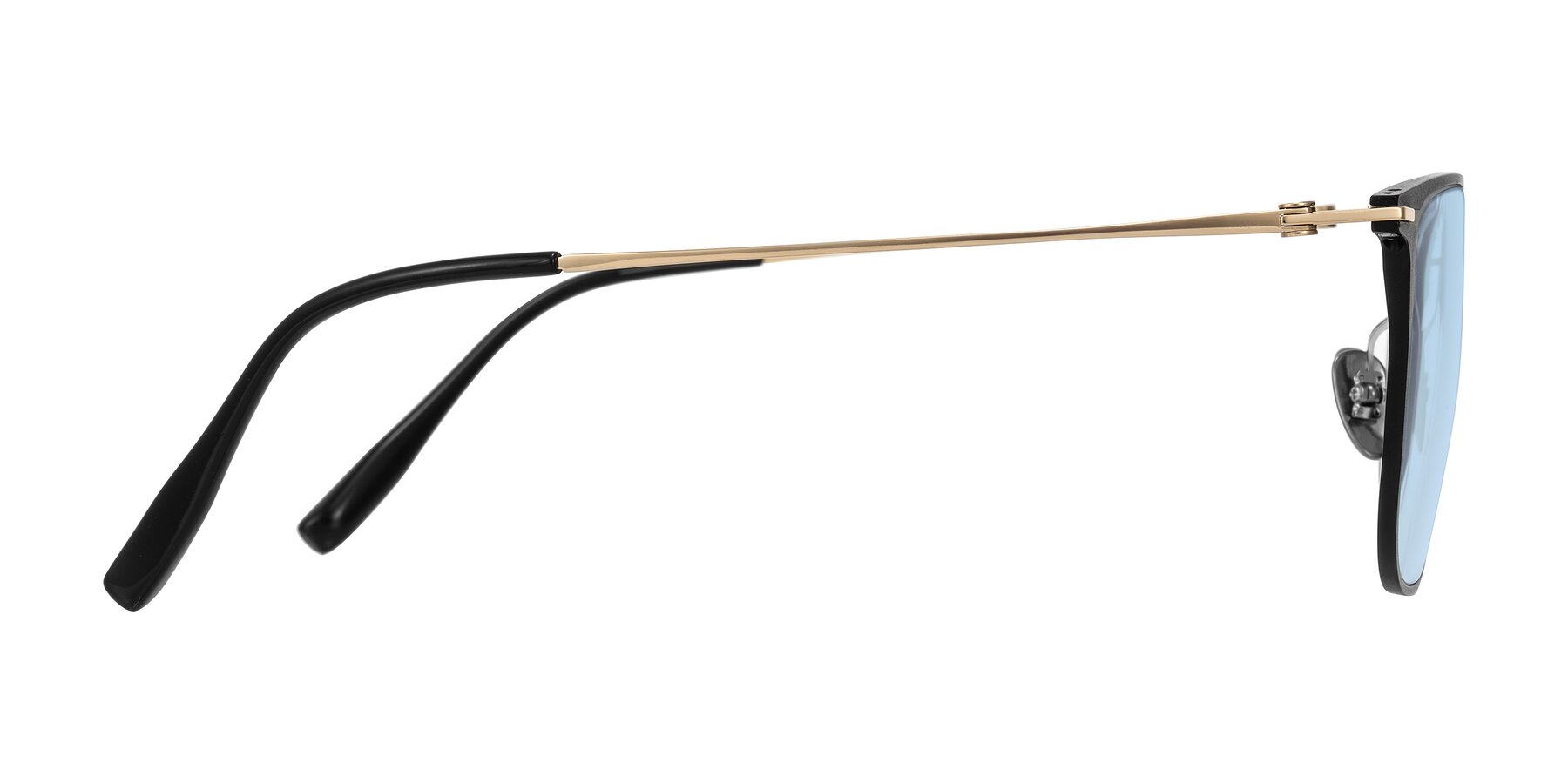 Side of Moua in Black/Gold with Light Blue Tinted Lenses