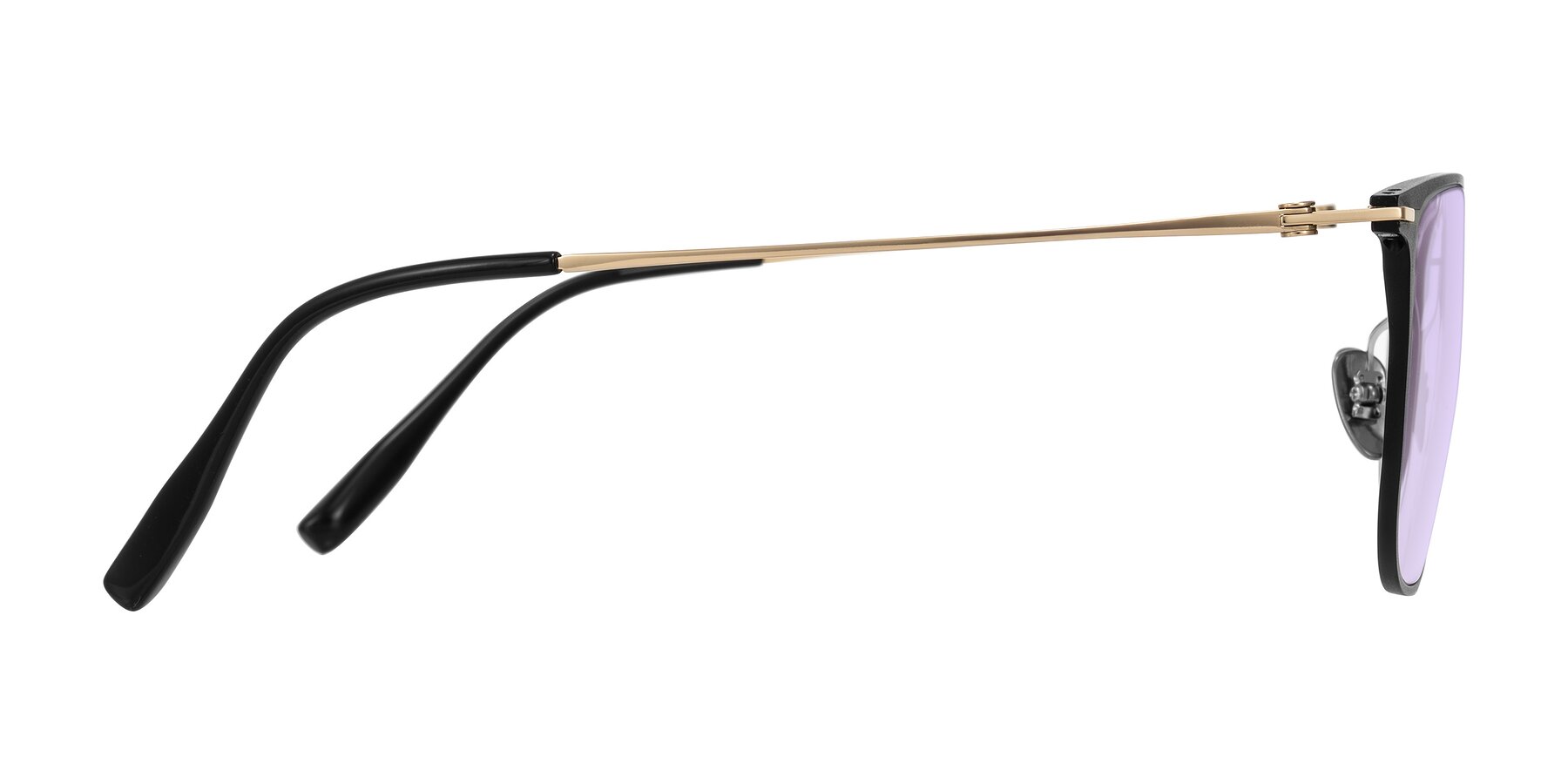 Side of Moua in Black/Gold with Light Purple Tinted Lenses
