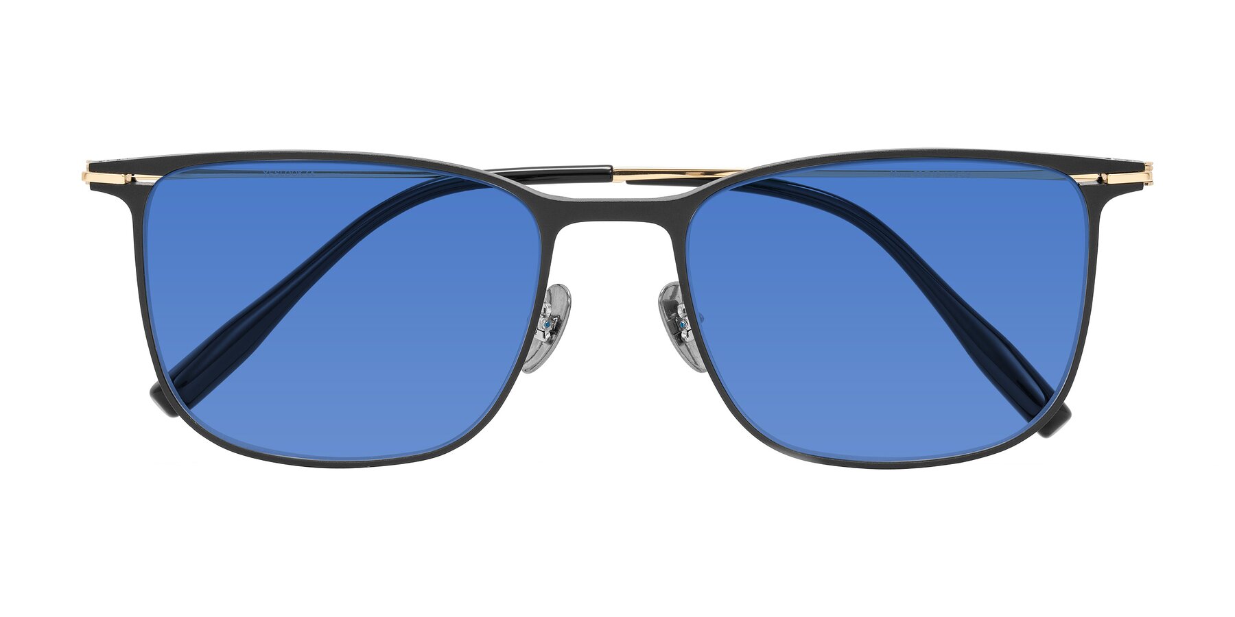 Folded Front of Moua in Black/Gold with Blue Tinted Lenses