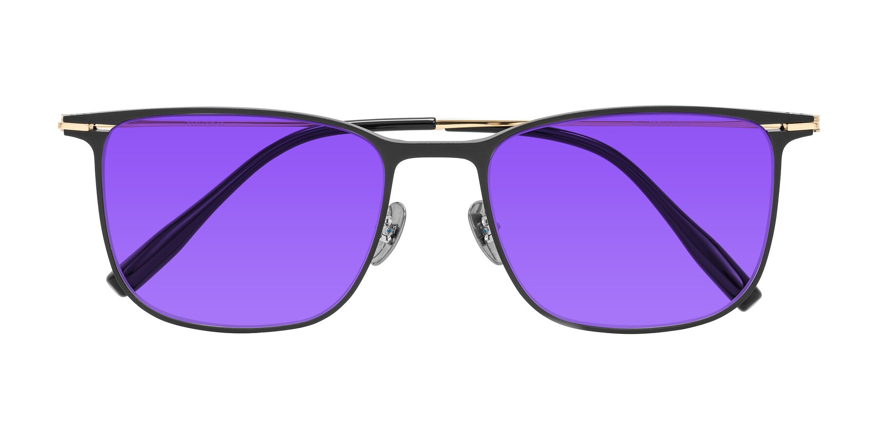 Folded Front of Moua in Black/Gold with Purple Tinted Lenses