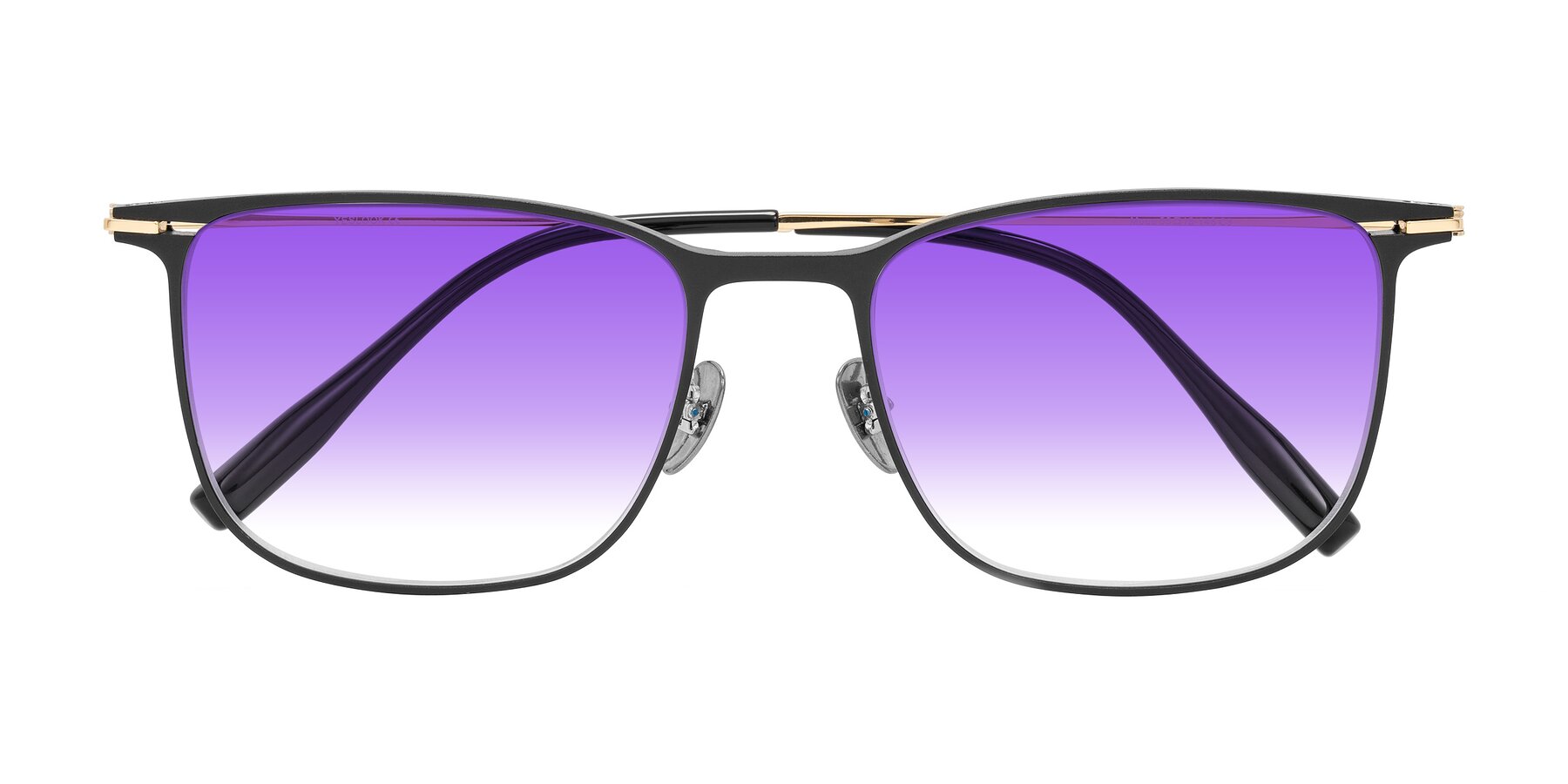 Folded Front of Moua in Black/Gold with Purple Gradient Lenses