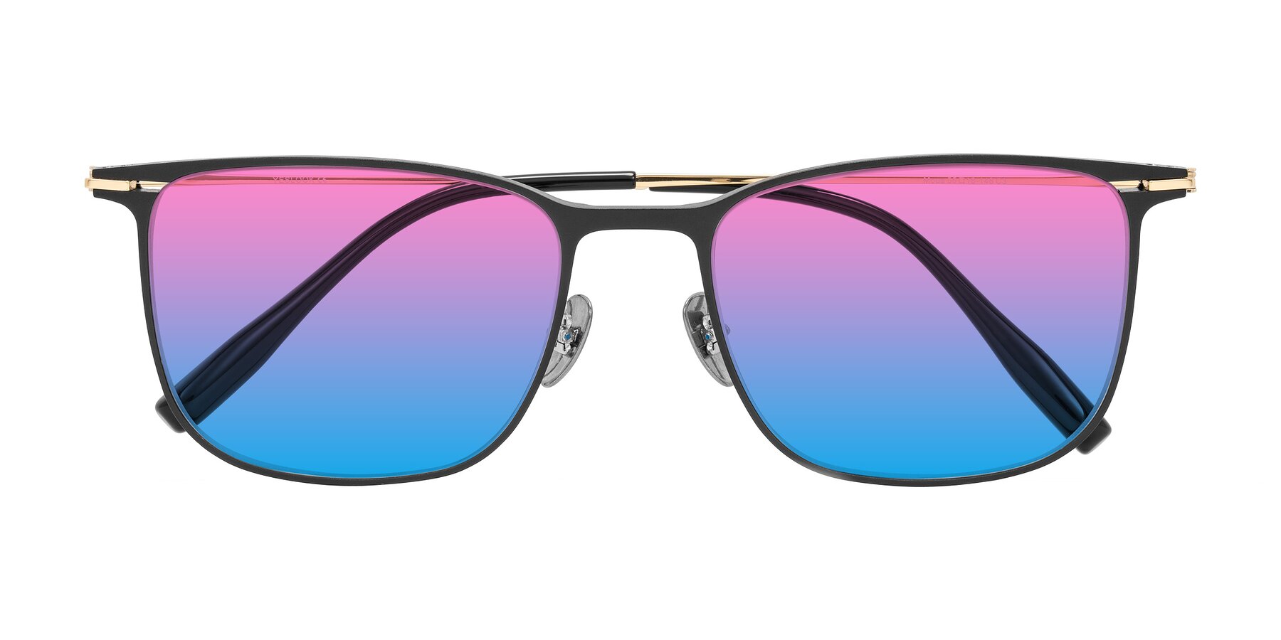 Folded Front of Moua in Black/Gold with Pink / Blue Gradient Lenses