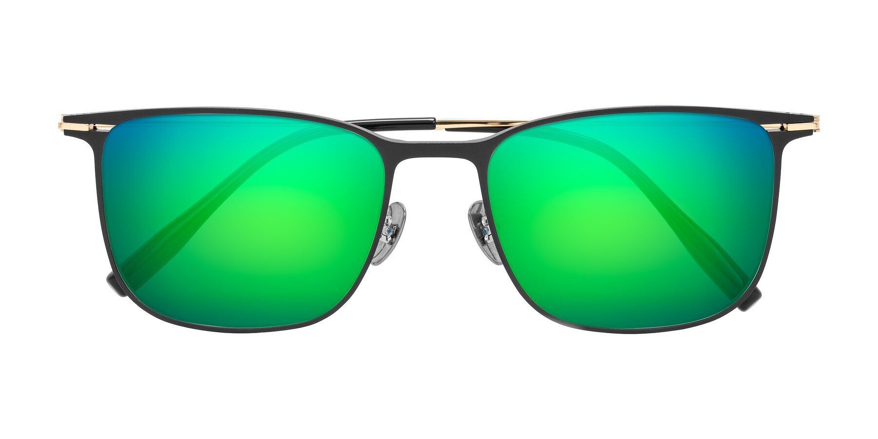 Folded Front of Moua in Black/Gold with Green Mirrored Lenses