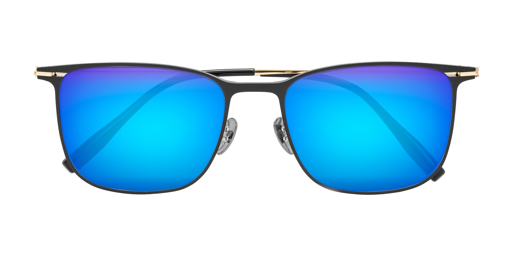 Folded Front of Moua in Black/Gold with Blue Mirrored Lenses