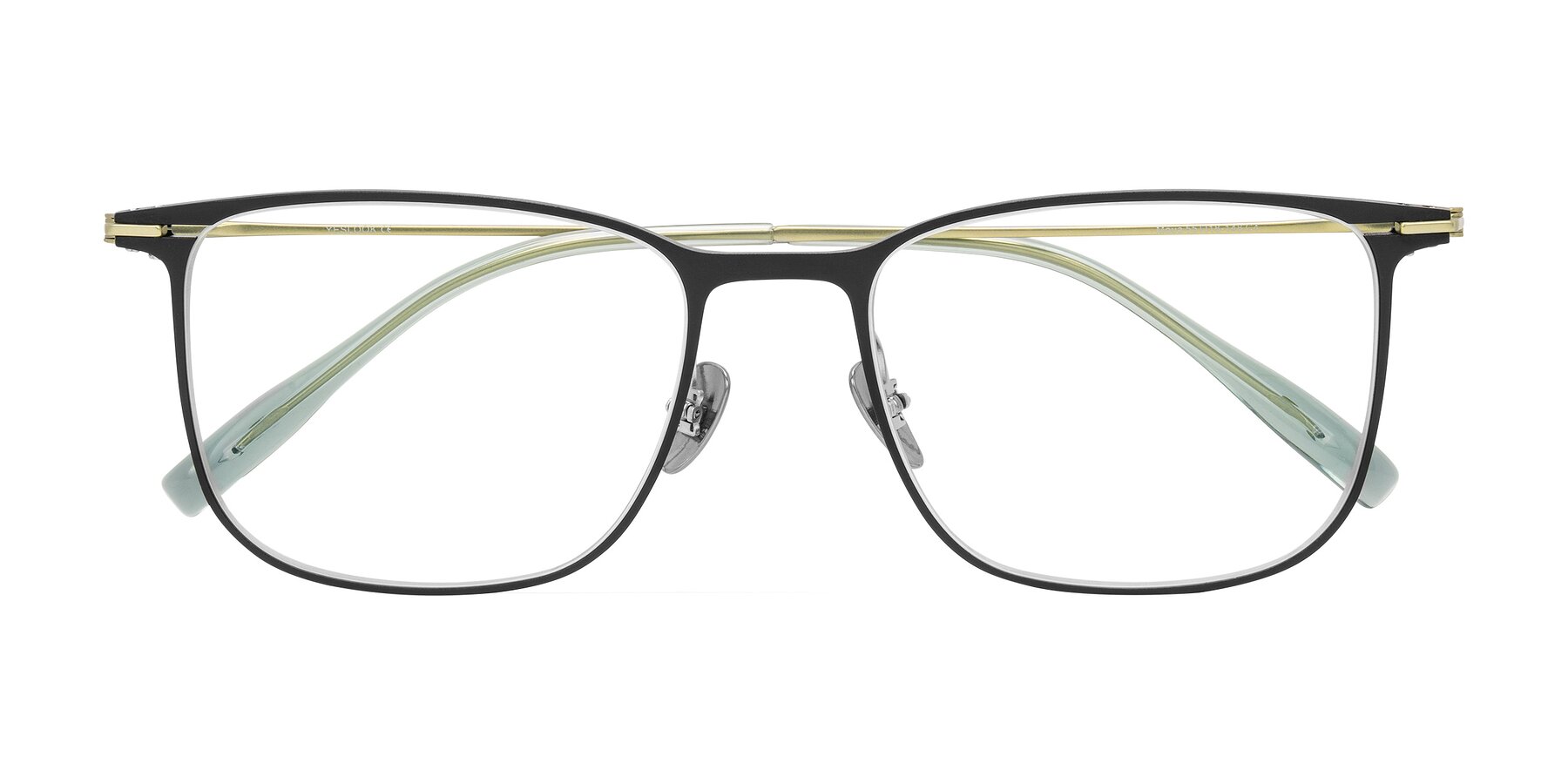 Folded Front of Moua in Black/Green with Clear Eyeglass Lenses