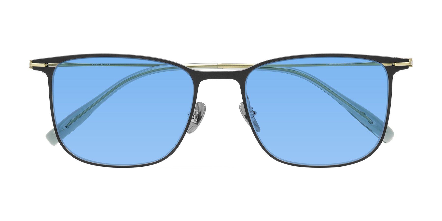 Folded Front of Moua in Black/Green with Medium Blue Tinted Lenses