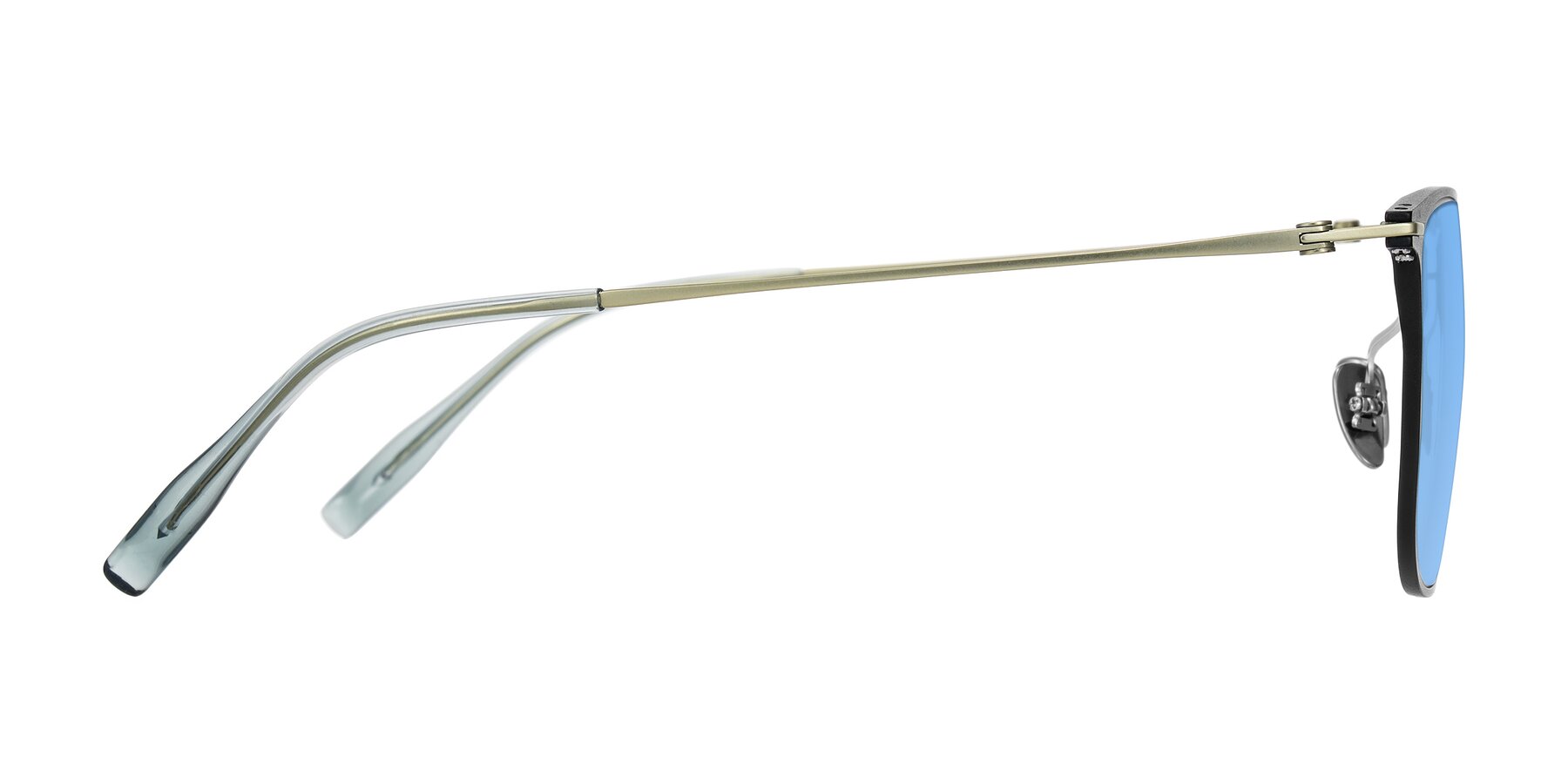 Side of Moua in Black/Green with Medium Blue Tinted Lenses