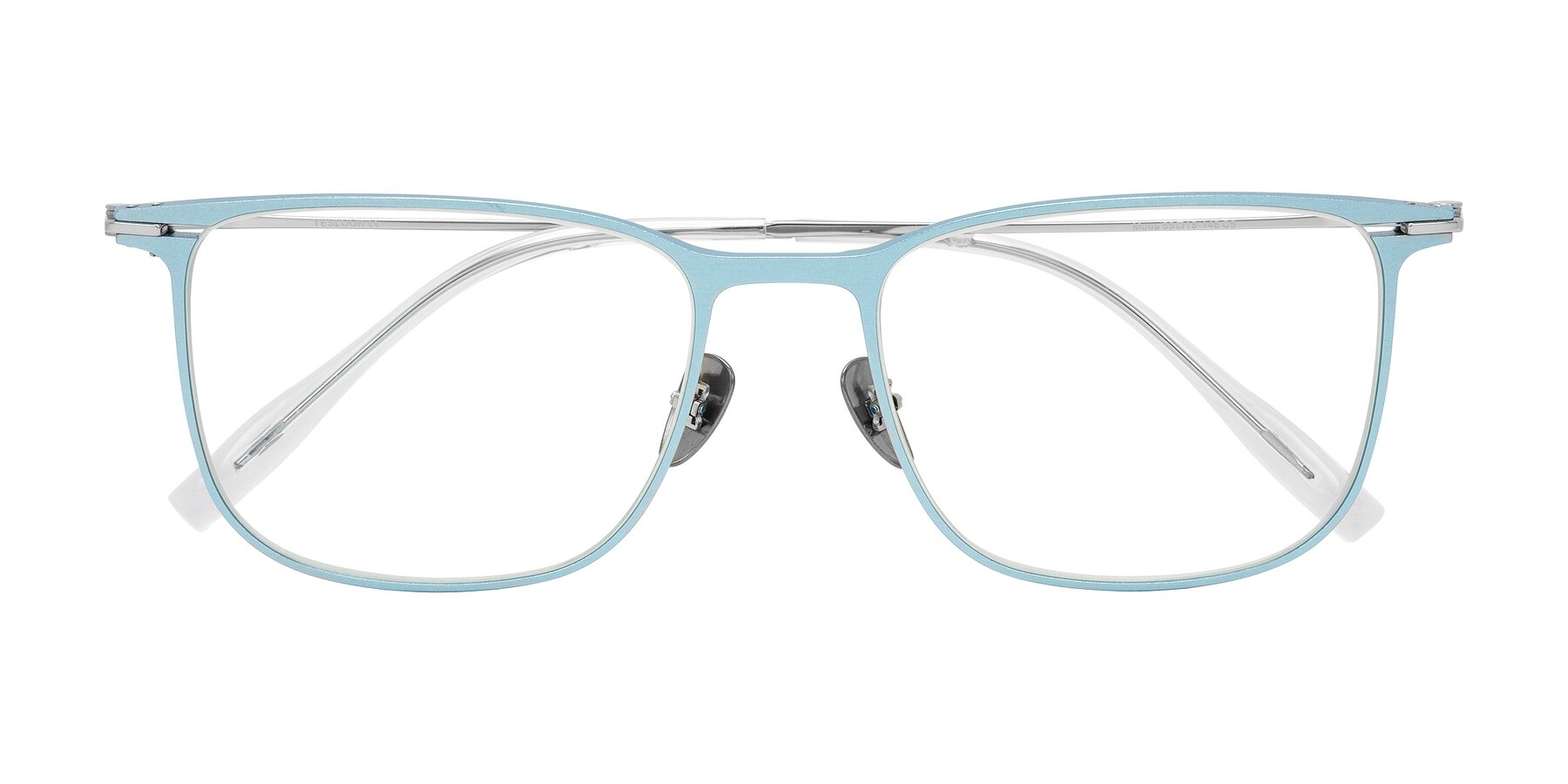 Folded Front of Moua in Pastel Blue/Silver with Clear Eyeglass Lenses