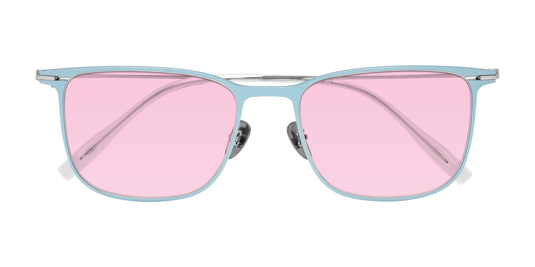 Folded Front of Moua in Pastel Blue/Silver with Light Pink Tinted Lenses