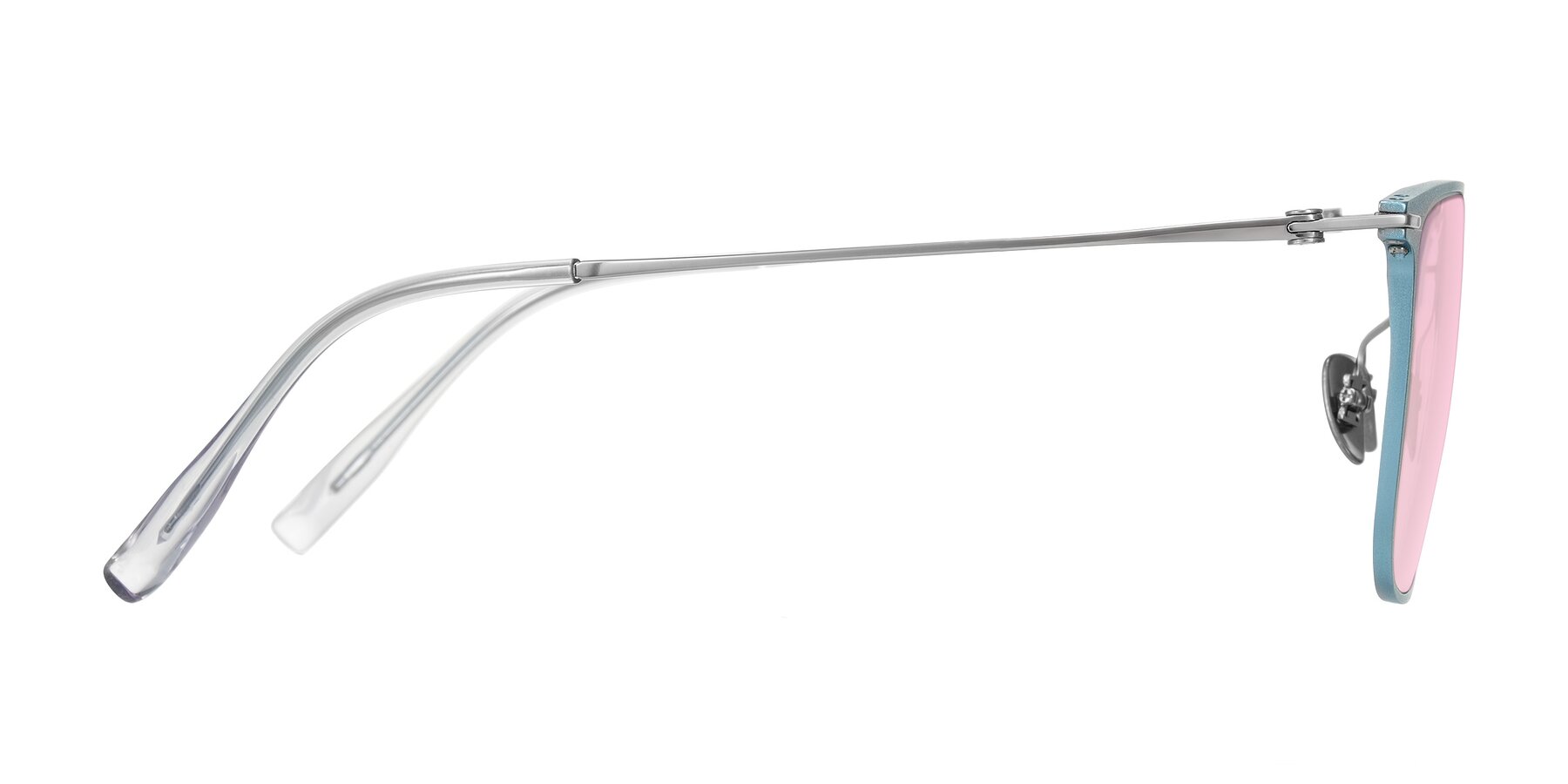 Side of Moua in Pastel Blue/Silver with Light Pink Tinted Lenses