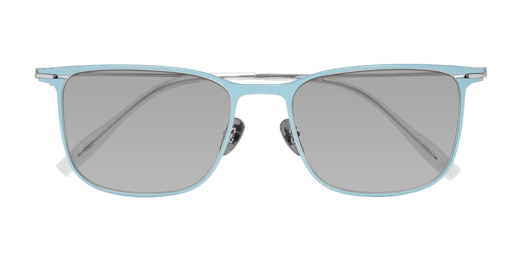 Folded Front of Moua in Pastel Blue/Silver with Light Gray Tinted Lenses