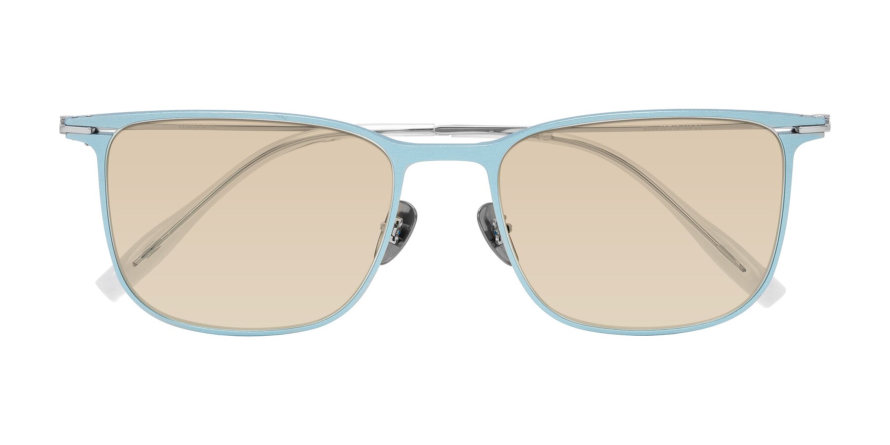 Folded Front of Moua in Pastel Blue/Silver with Light Brown Tinted Lenses
