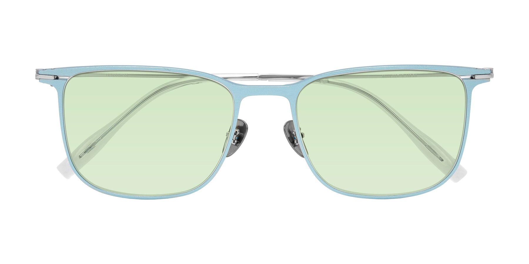 Folded Front of Moua in Pastel Blue/Silver with Light Green Tinted Lenses
