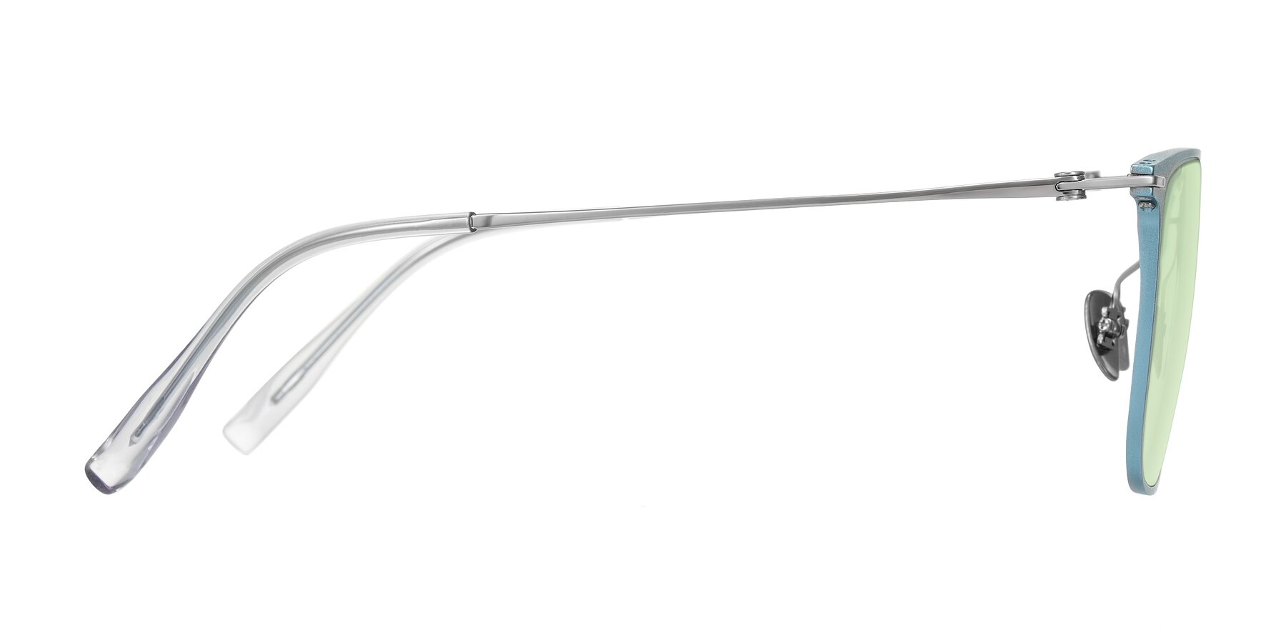 Side of Moua in Pastel Blue/Silver with Light Green Tinted Lenses
