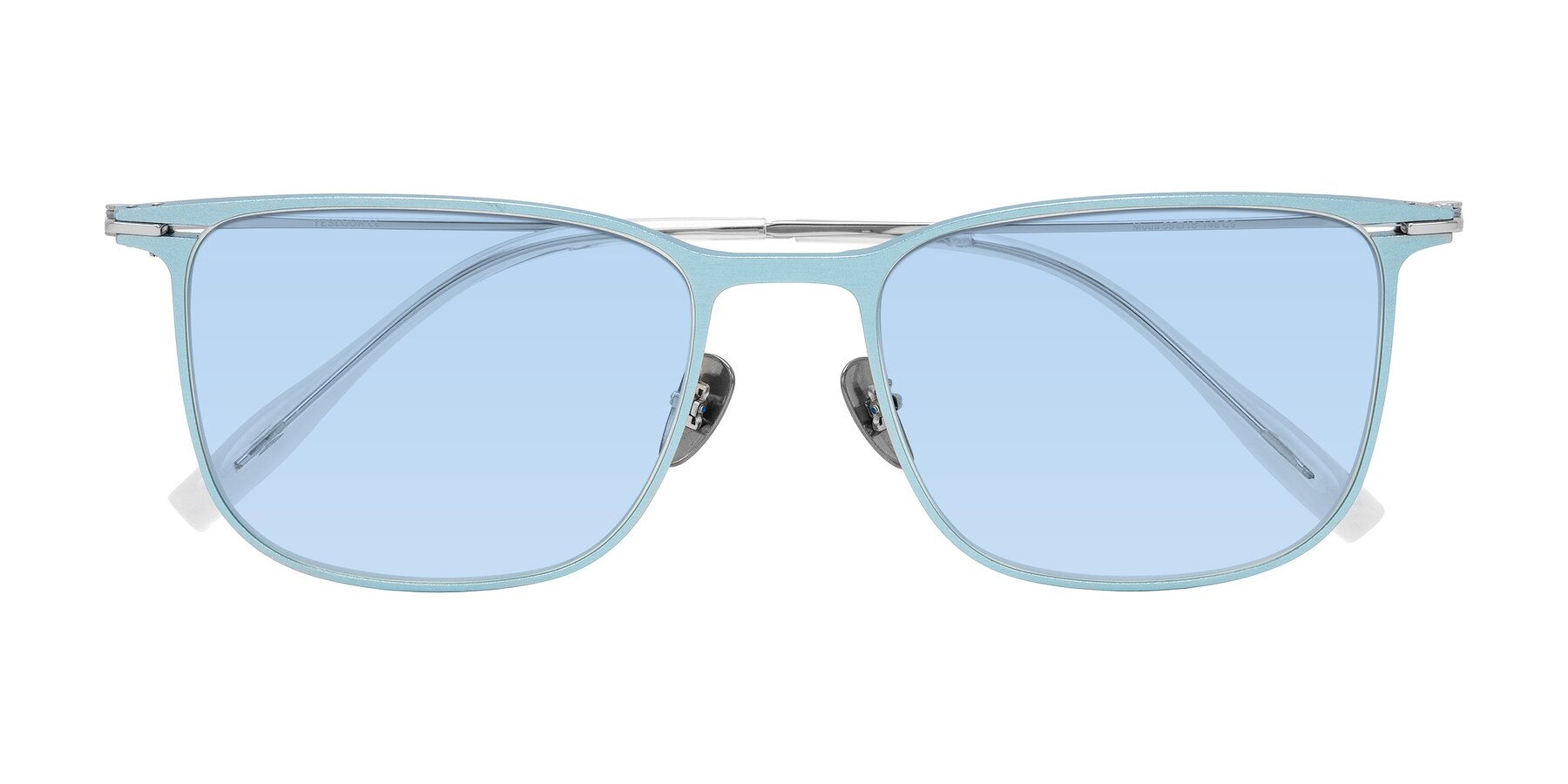 Folded Front of Moua in Pastel Blue/Silver with Light Blue Tinted Lenses